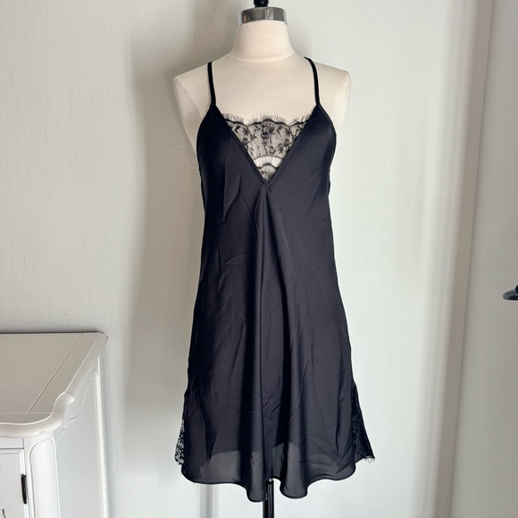 Black Satin Lace Inset Slip Nightie with Crisscross Back, NWT - Picture 6 of 12